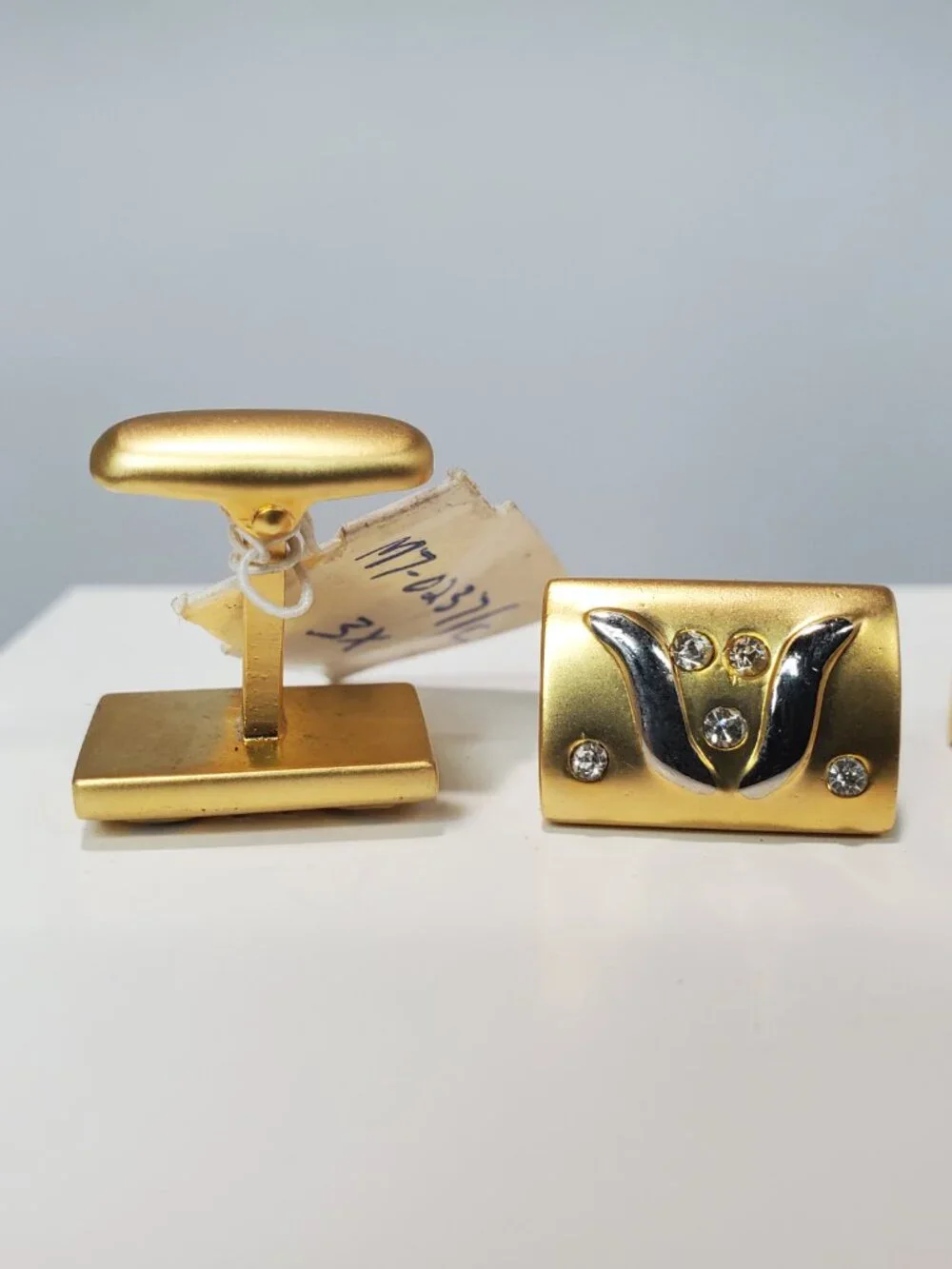 Vintage 14K Gold-Plated Brass with Rhinestones Tie Clip & Cufflinks 3 Pc Set